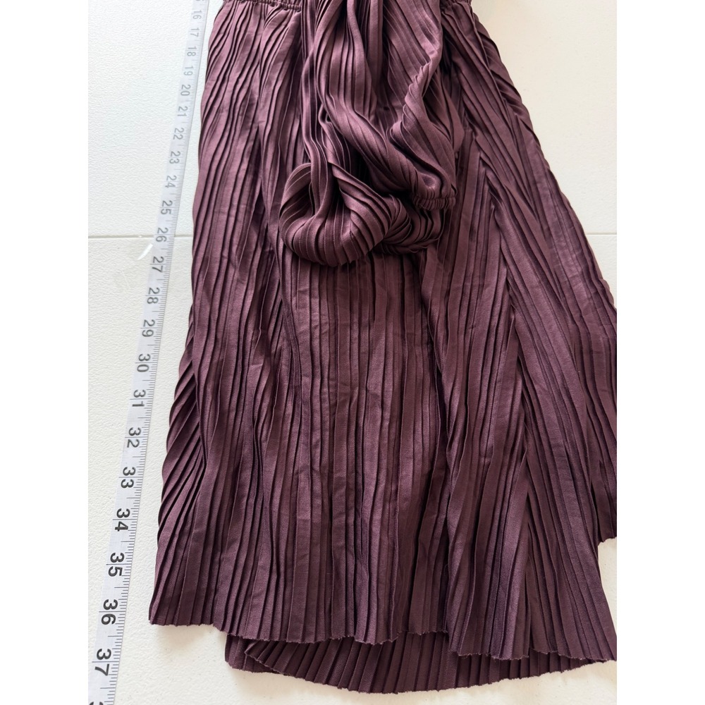Women's Plum Pleated V Neck Mini Dress Dark Romantic Boho Ethereal - Picture 9 of 12